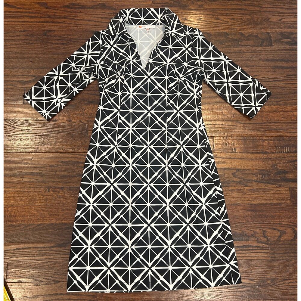Jude Connally black white women's geometric dress v neck 3/4 sleeve size Small